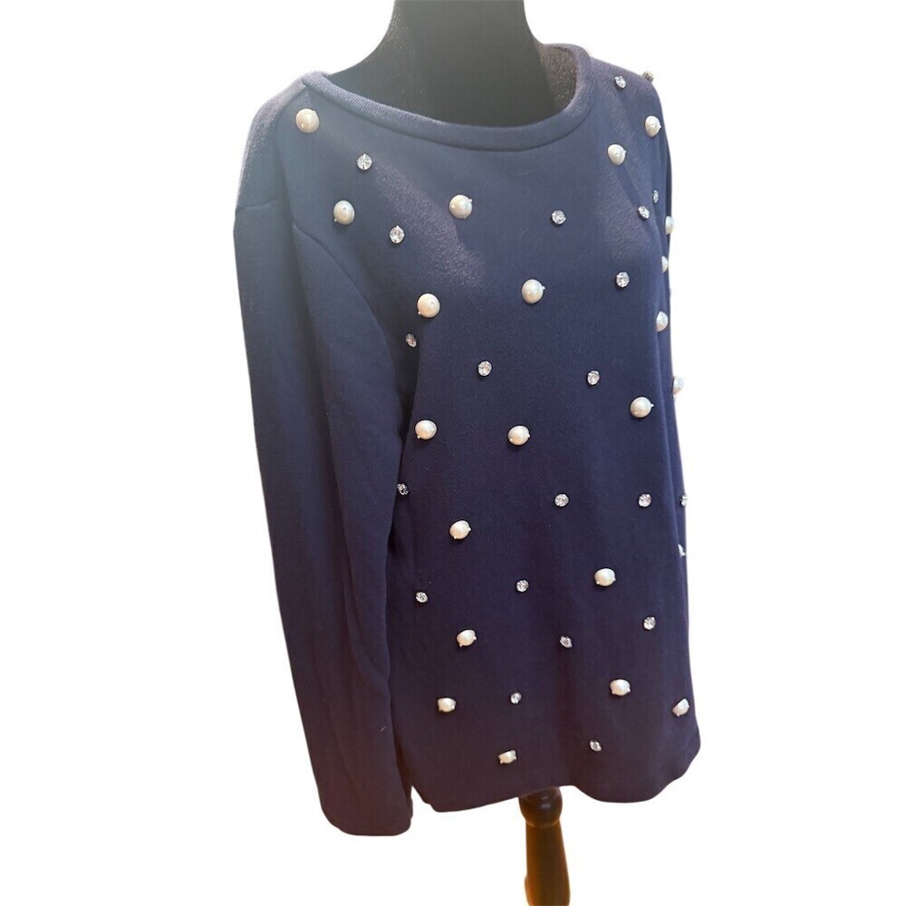 Crown & Ivy Navy Blue Pearl Rhinestone Sweatshirt Womens 1X